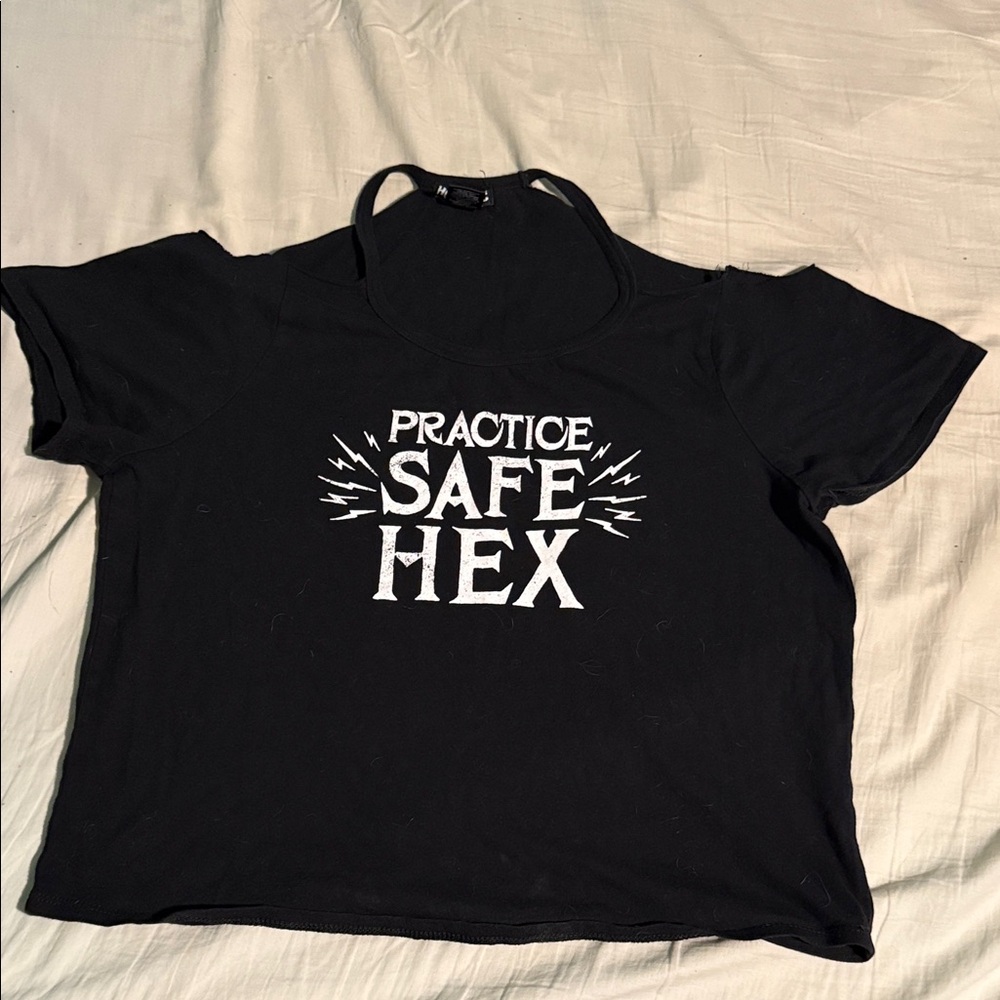Hot Topic “practice safe hex” cold shoulder t-shirt